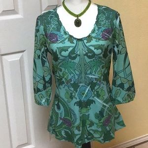 JANE ASHLEY TUNIC FLORAL GREENS TOP M